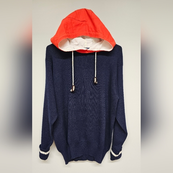 Vintage Polo by Ralph Lauren Navy Sweater with Red -Orange Raincoat Style Hood M - Picture 1 of 13